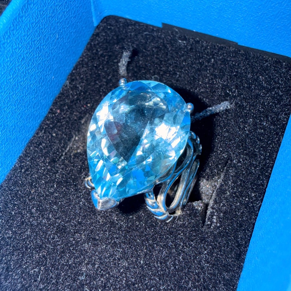 JTV Blue Topaz 14 CTW Lab-Grown Sterling Silver Rhodium Plated Ring Size 7